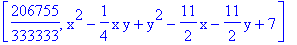 [206755/333333, x^2-1/4*x*y+y^2-11/2*x-11/2*y+7]